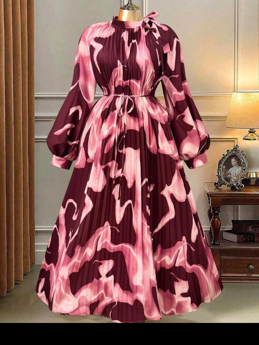 SHEIN Pink and Burgundy Pleated Tie-Neck Maxi Dress